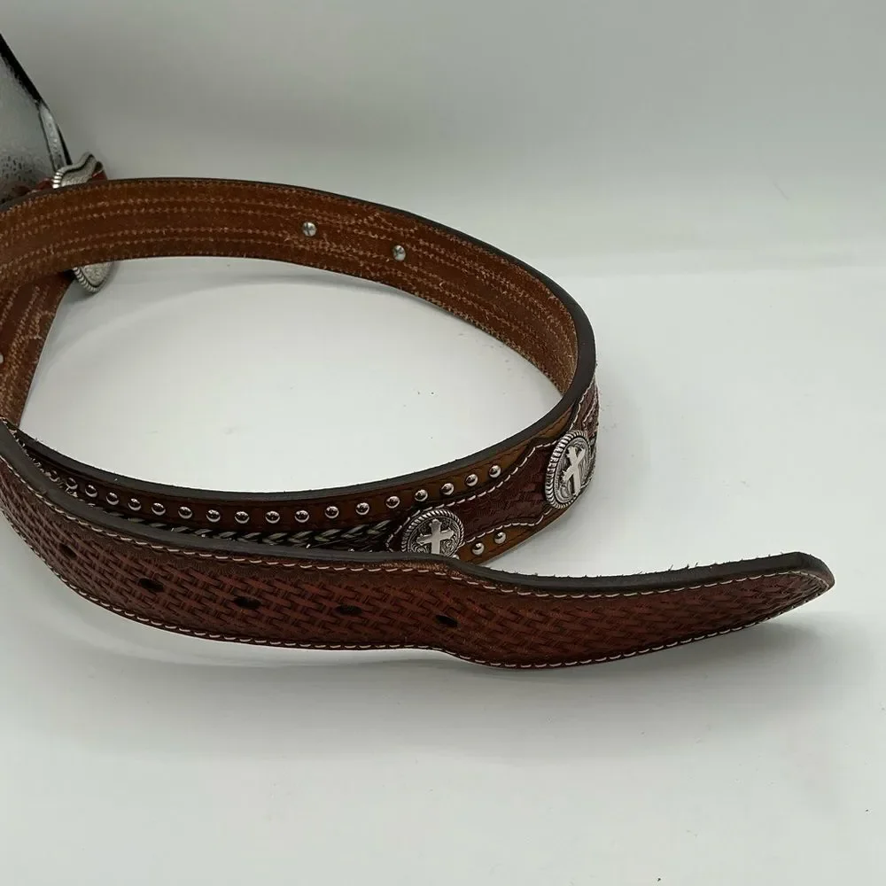 NOCONA Rawhide Leather & Cross Conchos Western Belt Silver Buckle Cowboy